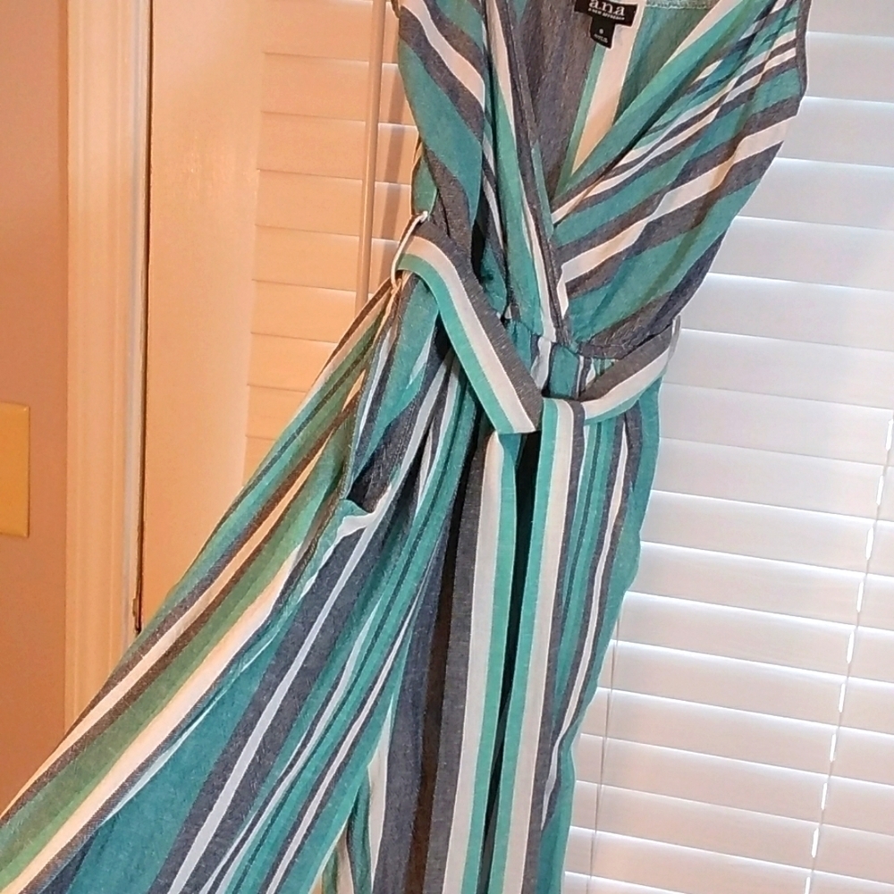 A.n.a Boho Strip Linen Blend Green White Spaghetti Strap Jumpsuit Romper Size S